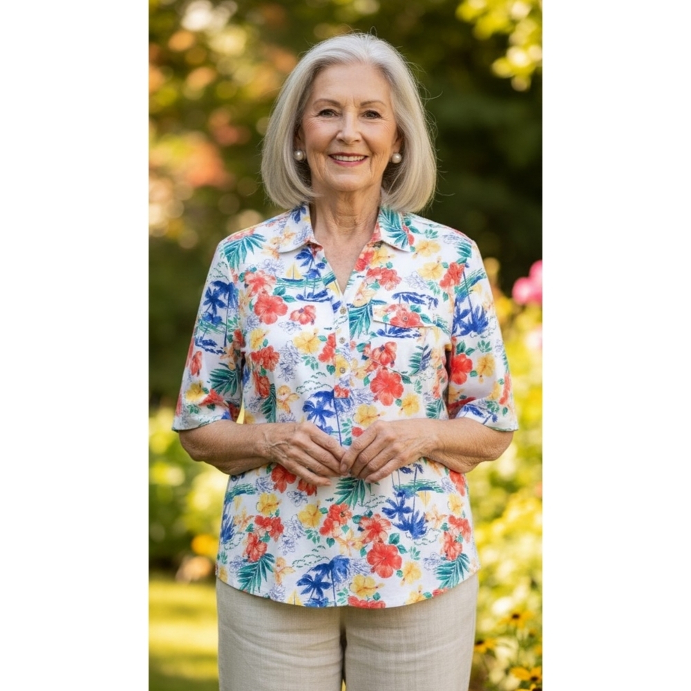 Cathy Daniels Short sleeve Half button placket Tropical Floral top White Size L